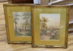 Henry Earp Snr.(1831-1914), pair of watercolours, Travellers seated beside a pond and Wagon in a