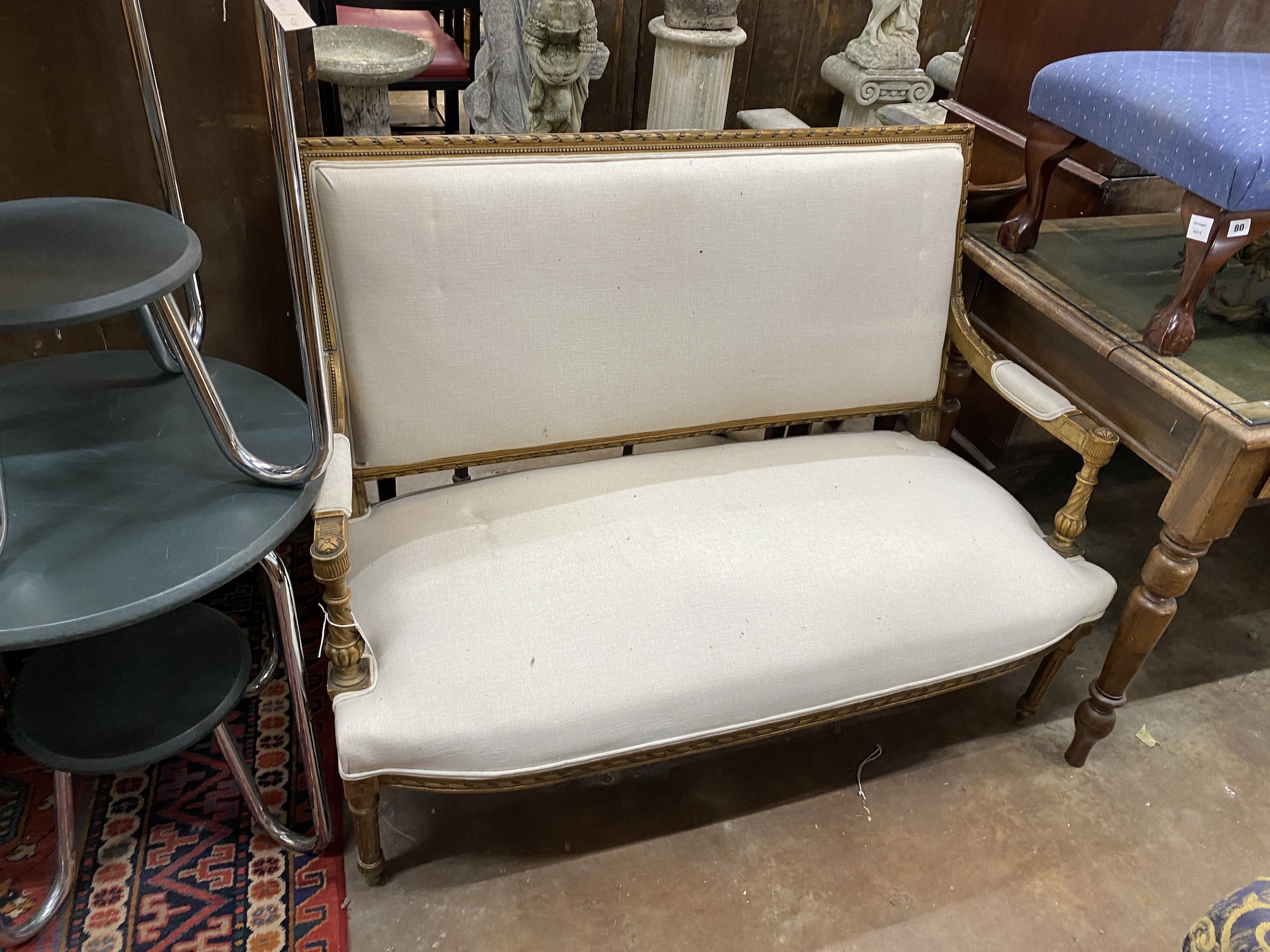 A late 19th century Louis XVI style giltwood settee, width 124cm, depth 52cm, height 96cm - Image 2 of 3