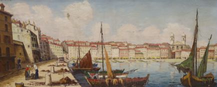René Bondenet, oil on canvas, 'Bastia Corse, a corner of the old port', signed, 44 x 104cm