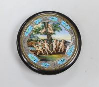 A 19th century circular tortoiseshell box, with ornate enamel and white metal cover, 8cm diameter