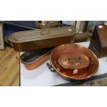 Two copper fish kettles, a casserole dish and cover and a jam making pot, a lidded fish kettle