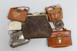 Three Victorian purses, one sovereign case and three modern leather satchels and cases