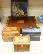A Victorian coromandel stationary box, a rosewood tea caddy, an olive wood jewellery casket, a