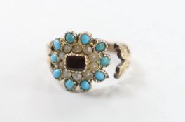 A Victorian yellow metal, foil backed garnet?, turquoise and seed pearl cluster set ring, (shank