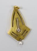 A stylish Art Nouveau style 585 yellow metal, diamond and drop pearl set pendant, 40mm, gross 2.2