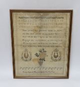 A William IV needlework sampler by Maria Sendall Hammersmith, 23rd of October, 1835, 42 x 33cm excl.