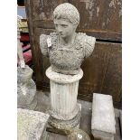 A reconstituted stone bust of a Roman warrior, on circular fluted plinth, height 123cm