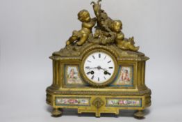 A 19th century French ormolu and Sevres style porcelain mounted mantel clock, 32cm high