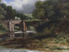 English School, oil on board, Cart and figures crossing a stone bridge, 21 x 28cm
