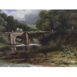 English School, oil on board, Cart and figures crossing a stone bridge, 21 x 28cm