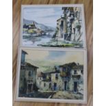 Javier Varela Guillot, two watercolours, Northern Spanish town scenes, signed, 49 x 65cm