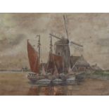 English School c.1900, oil on card, Estuary scene with moored boats and windmill, indistinctly