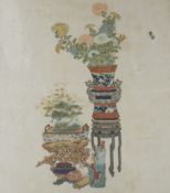 A Chinese print on silk of a plant stand and jardiniere. 28 x 24cm