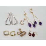 A modern pair of Italian 14k yellow metal and double drop amethyst set earrings, 50mm, gross