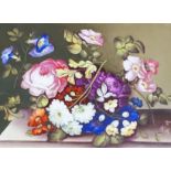 A 19th century English porcelain plaque of flowers on a ledge, in gilt frame, overall 41 x 35cm