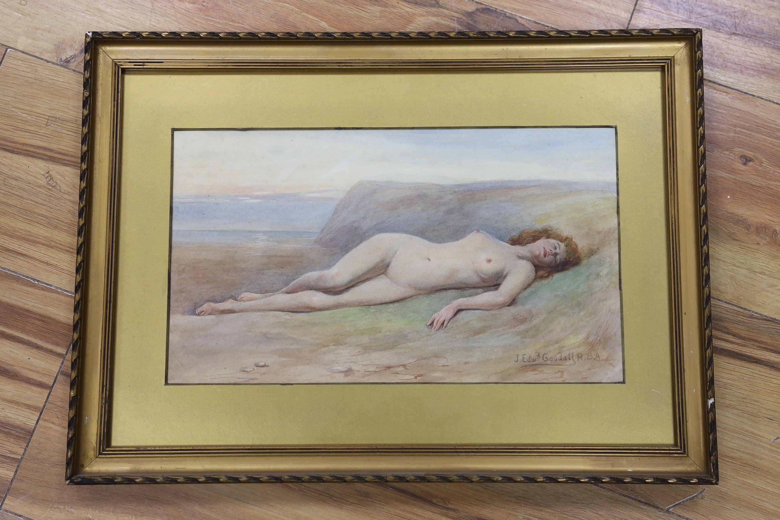 John Edward Goodall (1853-1920), watercolour, Nude reclining upon the seashore, signed, 19 x 33cm - Image 2 of 3