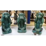 A trio of monkeys, Hear no evil, See no evil, Speak no evil, green glazed earthenware, approximately