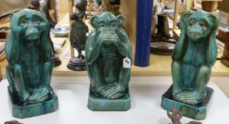 A trio of monkeys, Hear no evil, See no evil, Speak no evil, green glazed earthenware, approximately