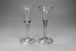 Two George II wine glasses, air tears and folded feet, tallest 16cm