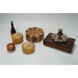 A Victorian sealing wax desk set, 16 cm wide early Tunbridge ware Penshurst Place drum shaped box,