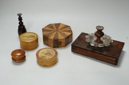 A Victorian sealing wax desk set, 16 cm wide early Tunbridge ware Penshurst Place drum shaped box,