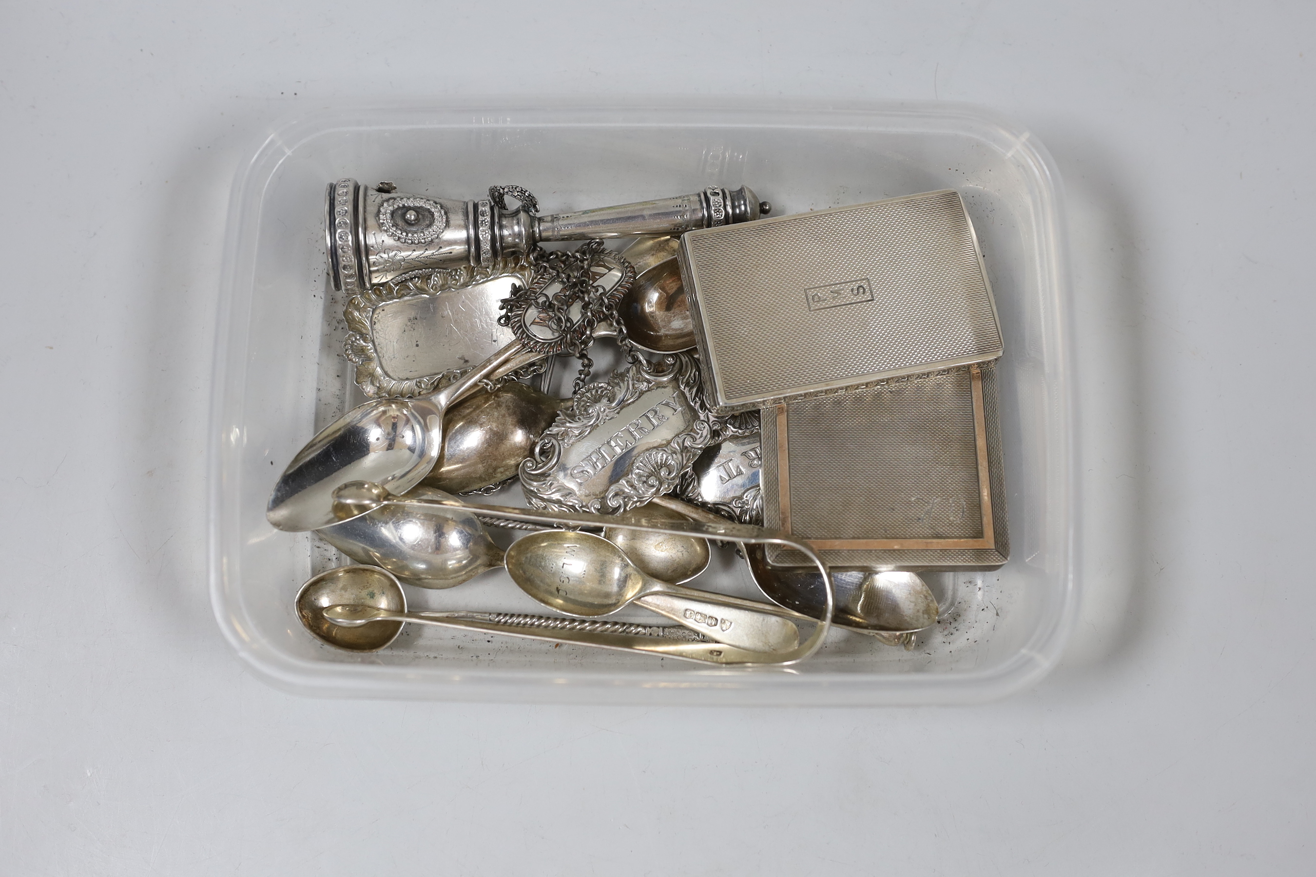 A group of sundry silver and white metal items including a posy holder, 19th century wine labels,