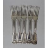 A harlequin set of five George IV/William IV silver fiddle, thread and shell pattern table forks,