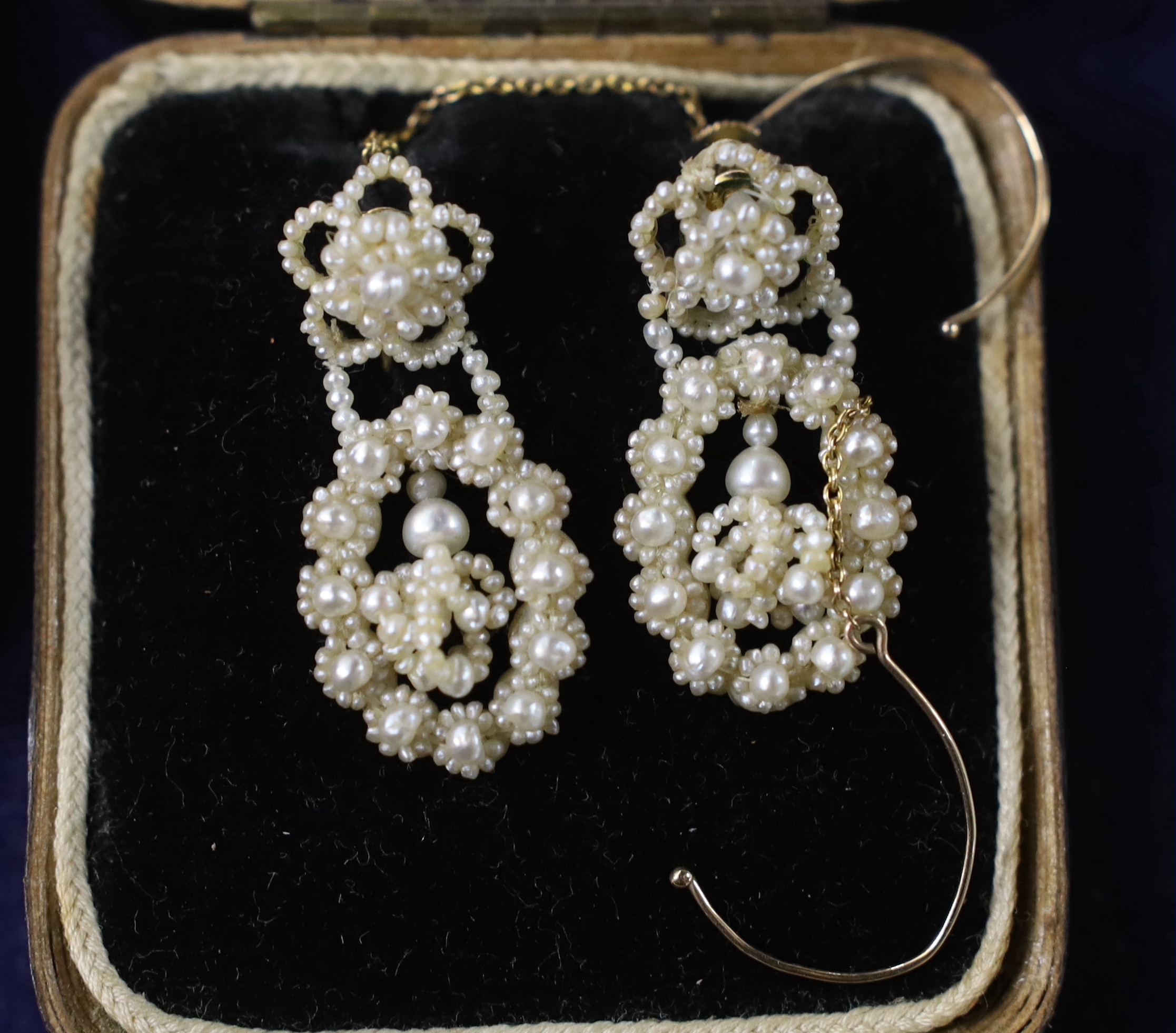 A pair of 19th century 9ct and seed pearl cluster set drop ear clips, 36mm.