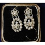 A pair of 19th century 9ct and seed pearl cluster set drop ear clips, 36mm.