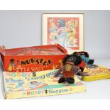 Noddy game, a golly and bear framed picture, a boxed child's teaset , a golly tin box, a