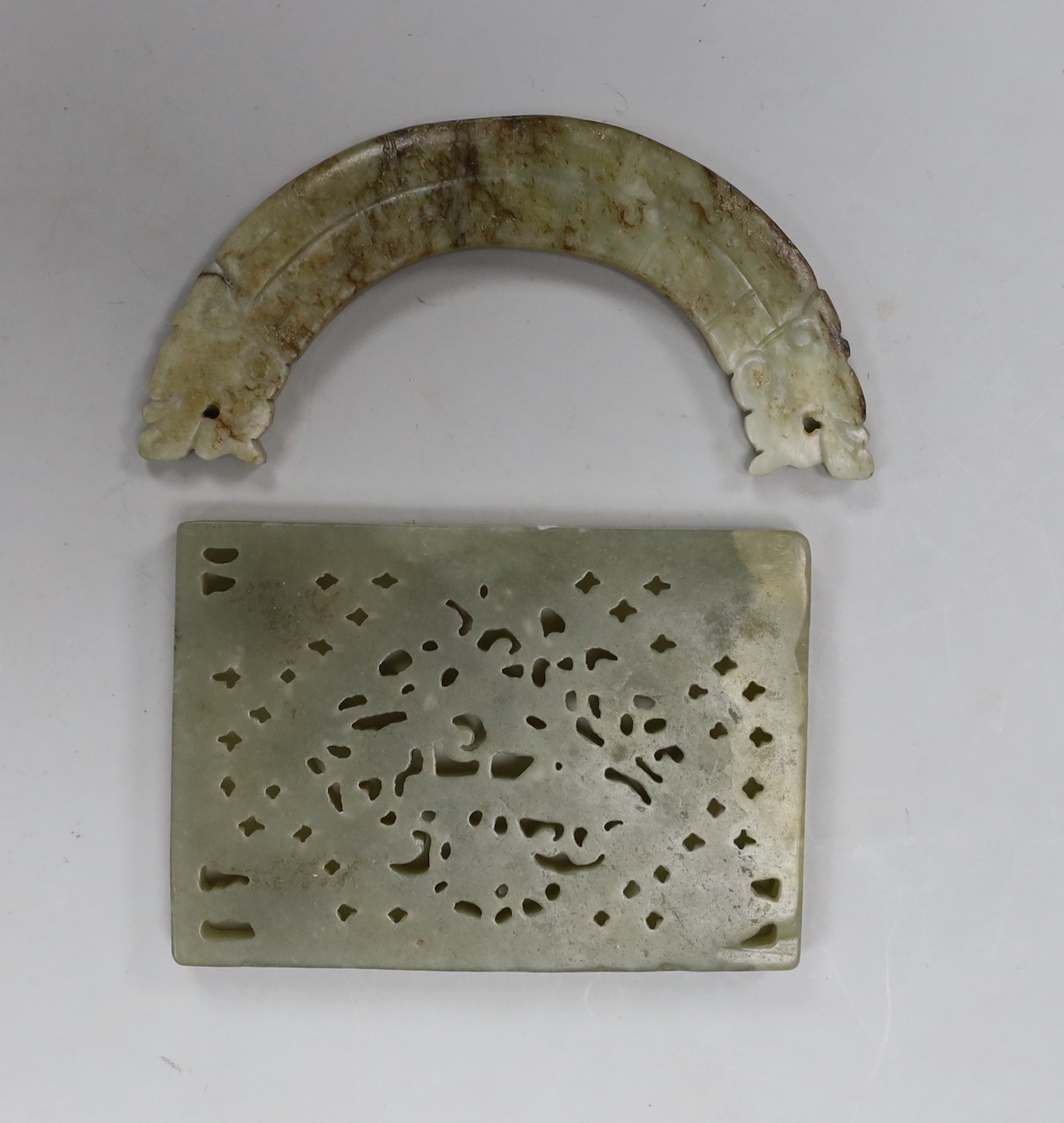 A Chinese jade rectangular plaque and a jade huang pendant, width 9cm (2) - Image 2 of 2