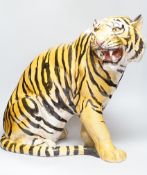 A large Italian painted maiolica model of a tiger, 49cm