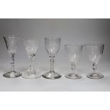 Two George III facet stem wine glasses and three other drinking glasses, tallest 15cm high (5)