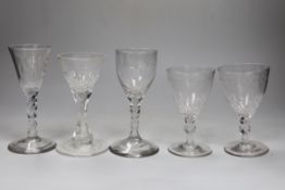 Two George III facet stem wine glasses and three other drinking glasses, tallest 15cm high (5)
