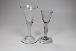 A George II wine glass, domed foot and a George II wine glass, folded foot, largest 16.5cm high