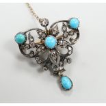 A Victorian yellow and white metal, turquoise and diamond cluster set drop brooch, 30mm, gross