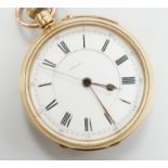 A late Victorian 18ct gold open faced chronograph keyless pocket watch, with Roman dial, the three