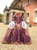 An exceptional lady's 18th century style sack dress, bronze and purple with fine lace cuffs - with