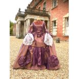 An exceptional lady's 18th century style sack dress, bronze and purple with fine lace cuffs - with