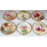 Six Royal Doulton floral painted plates, three signed E. Raby and three signed D. Dewberry