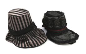 Two lady's Victorian style bonnets, silver and black striped and the other silver black with jet