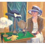 Suzanne Allan, oil on canvas, 'At the milliner', inscribed verso, 44 x 49cm