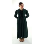 Two lady's Regency style day dresses (1 x dark green taffeta dress with brown short jacket and 1 x