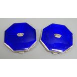 A pair of George VI part engine turned silver and enamel octagonal compacts, with coronet appliqués,