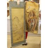 Two Oriental watercolour scrolls, tiger scroll 106cm