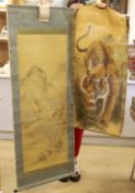 Two Oriental watercolour scrolls, tiger scroll 106cm