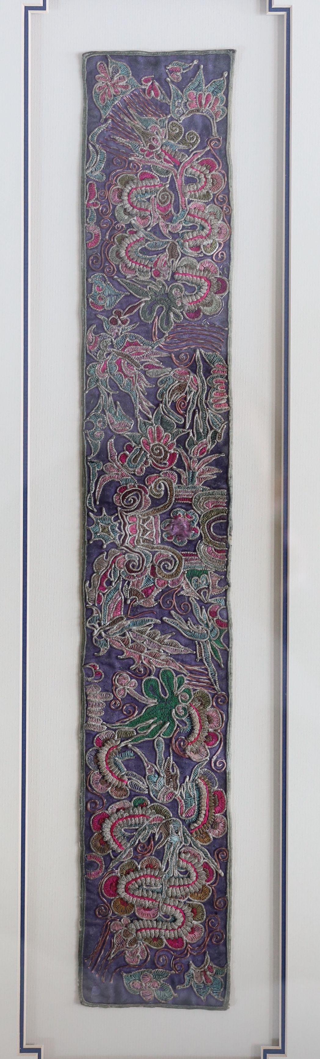 Two 19th century Chinese sleeve bands, embroidered in rich polychromes silks, designed with - Image 3 of 3