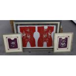 Three early 20th century Chinese framed embroideries: two purple baby’s bibs embroidered with