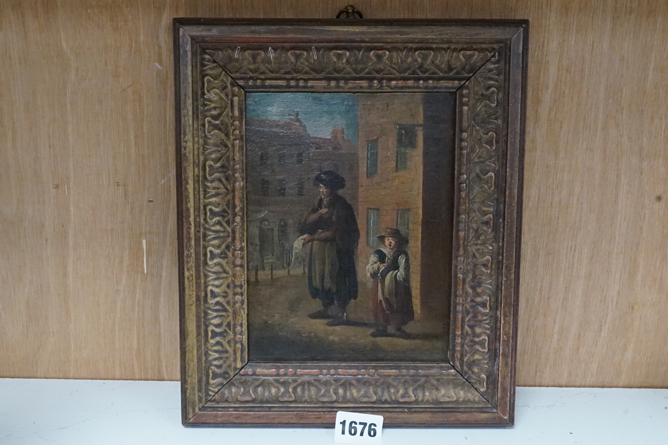 18th century English School, oil on canvas, ‘’Street vendors, one selling lace’’, 18 x 13cms. - Image 2 of 5