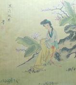 Chinese School, watercolour on silk, Woman seated in a garden, and small companion piece, largest 36